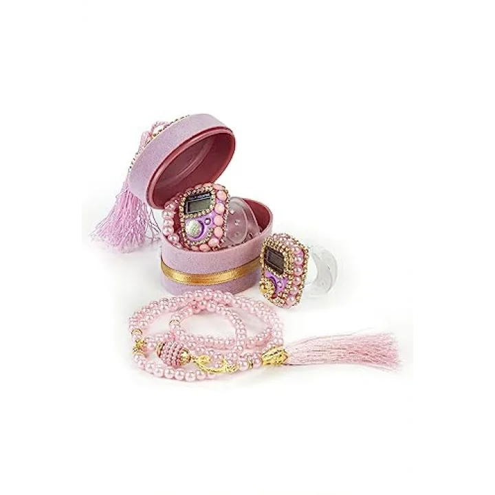 Kadife Kutulu Zikirmatik ve İnci Tesbihli Mevlüt Hediye Seti (Pembe)