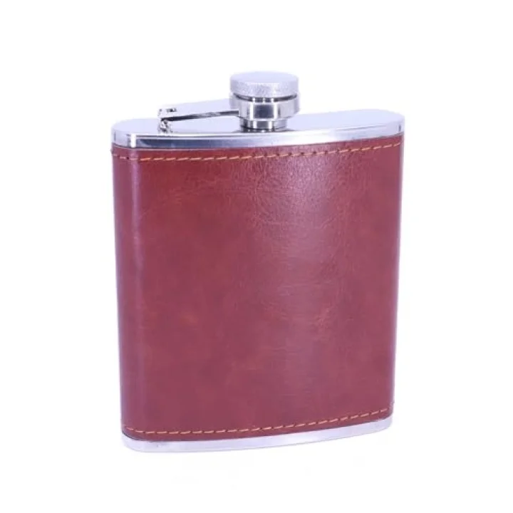 Kahverengi Deri Kaplama Paslanmaz Çelik Cep Matarası - Hip Flask 7 OZ