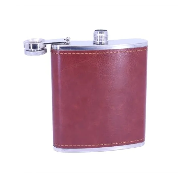 Kahverengi Deri Kaplama Paslanmaz Çelik Cep Matarası - Hip Flask 7 OZ