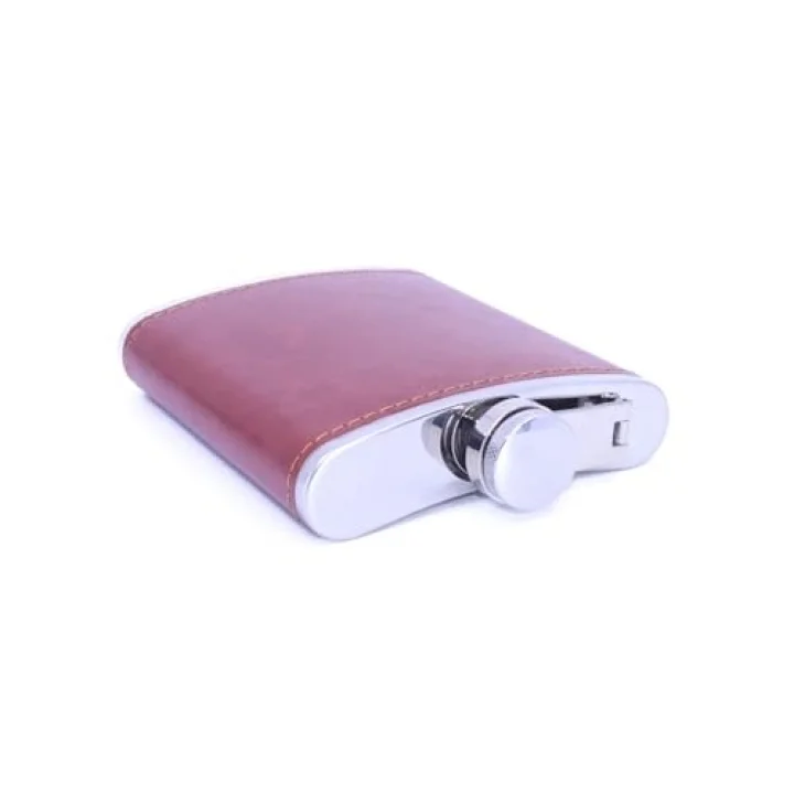 Kahverengi Deri Kaplama Paslanmaz Çelik Cep Matarası - Hip Flask 7 OZ