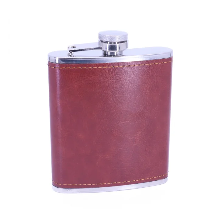 Kahverengi Deri Kaplama Paslanmaz Çelik Cep Matarası - Hip Flask 7 OZ