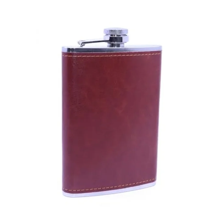 Kahverengi Deri Kaplama Paslanmaz Çelik Cep Matarası - Hip Flask 9 OZ