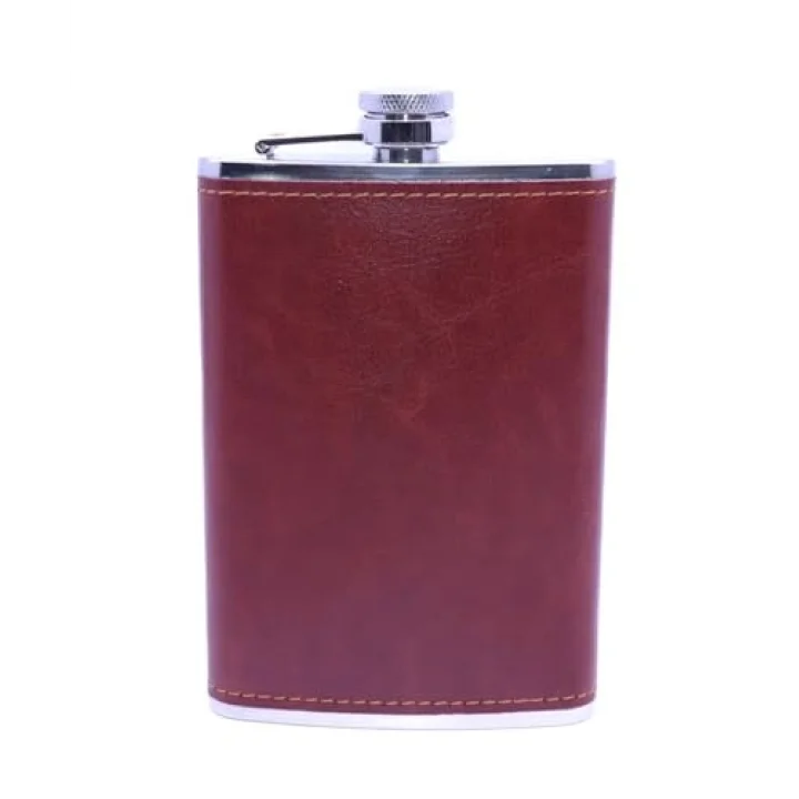 Kahverengi Deri Kaplama Paslanmaz Çelik Cep Matarası - Hip Flask 9 OZ