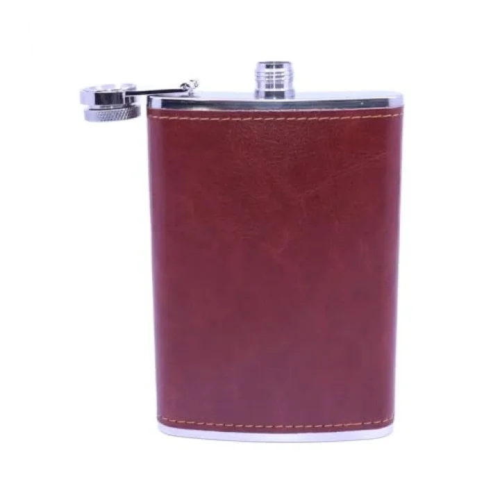 Kahverengi Deri Kaplama Paslanmaz Çelik Cep Matarası - Hip Flask 9 OZ