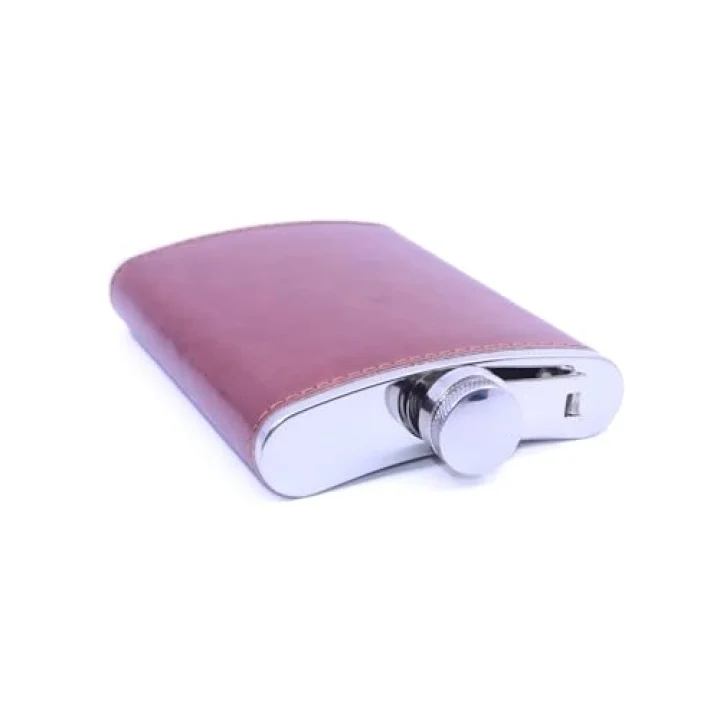 Kahverengi Deri Kaplama Paslanmaz Çelik Cep Matarası - Hip Flask 9 OZ