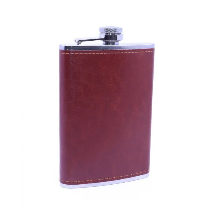 Kahverengi Deri Kaplama Paslanmaz Çelik Cep Matarası - Hip Flask 9 OZ