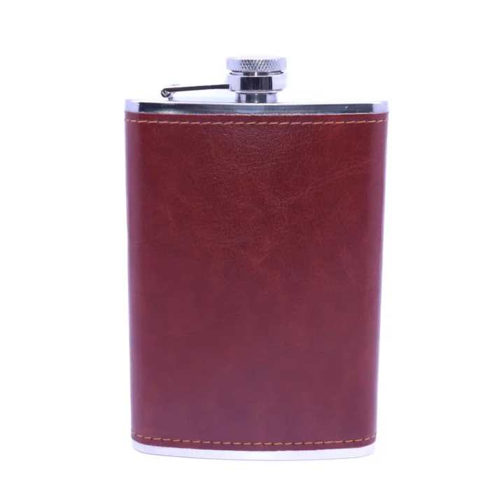 Kahverengi Deri Kaplama Paslanmaz Çelik Cep Matarası - Hip Flask 9 OZ