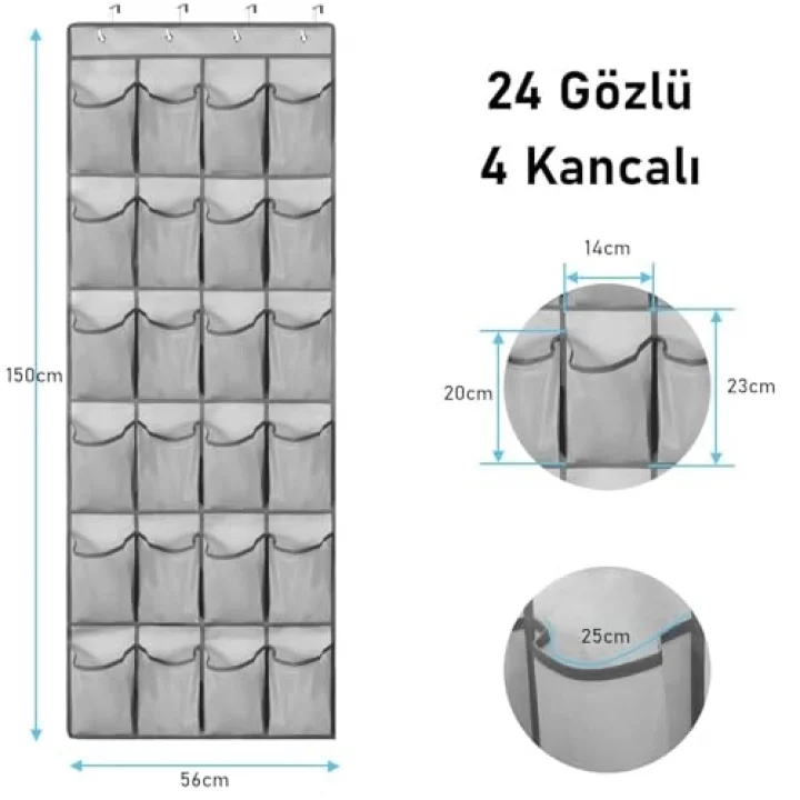 Kapı Arkası Ayakkabı Organizer 24 Gözlü – Askılı Dolap İçi Düzenleyici 4 Kancalı Gri