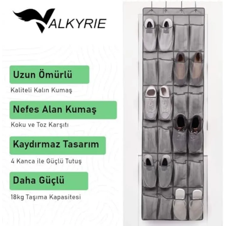 Kapı Arkası Ayakkabı Organizer 24 Gözlü – Askılı Dolap İçi Düzenleyici 4 Kancalı Gri