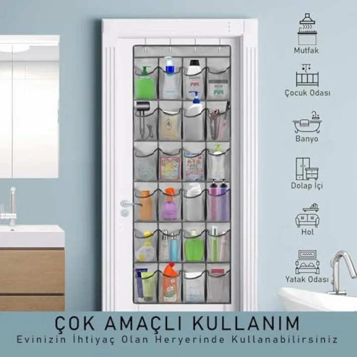 Kapı Arkası Ayakkabı Organizer 24 Gözlü – Askılı Dolap İçi Düzenleyici 4 Kancalı Gri