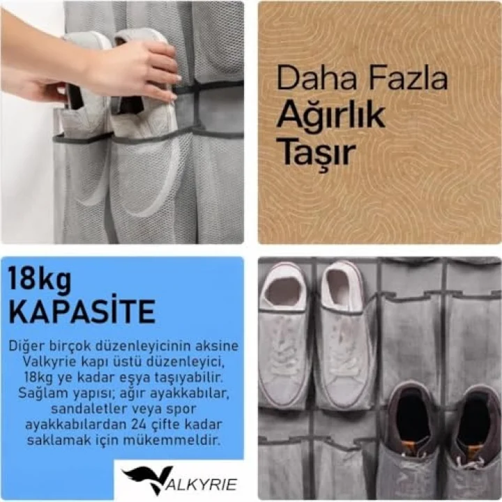 Kapı Arkası Ayakkabı Organizer 24 Gözlü – Askılı Dolap İçi Düzenleyici 4 Kancalı Gri