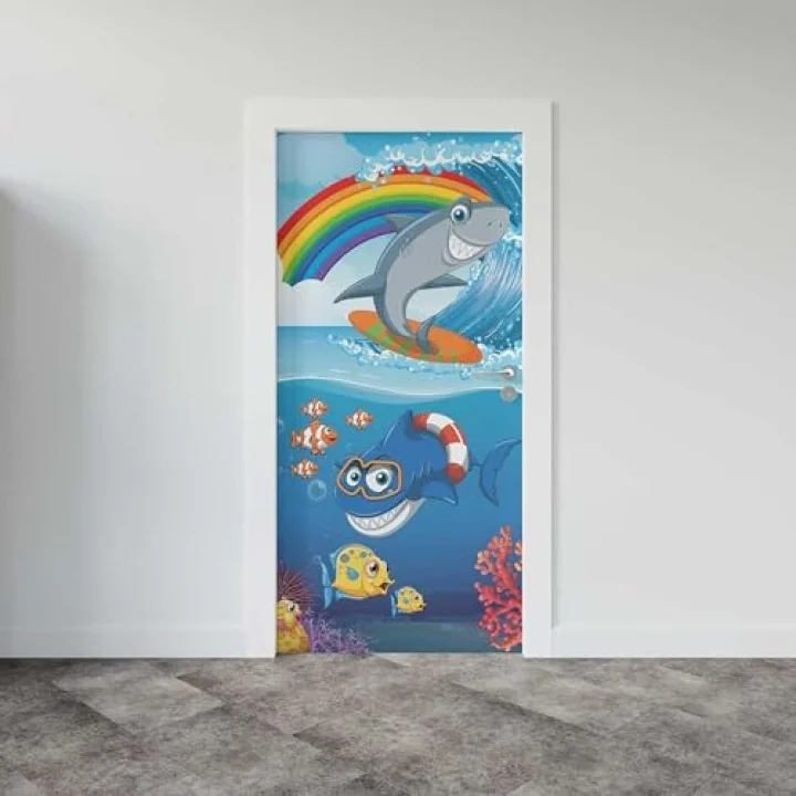 Kapı Giydirme Kapı Sticker Folyosu Köpek Balığı Gökkuşağı