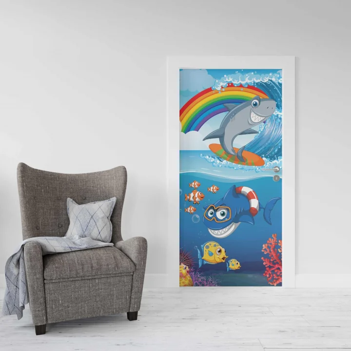 Kapı Giydirme Kapı Sticker Folyosu Köpek Balığı Gökkuşağı