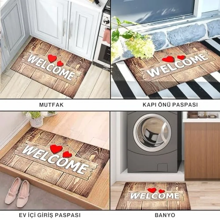 Kapı Önü Paspası - Modern ve Şık Kapı Paspası | Ev, Ofis ve Dış Mekân Kullanımı İçin (Ahşap Desenli Welcome) 45x65