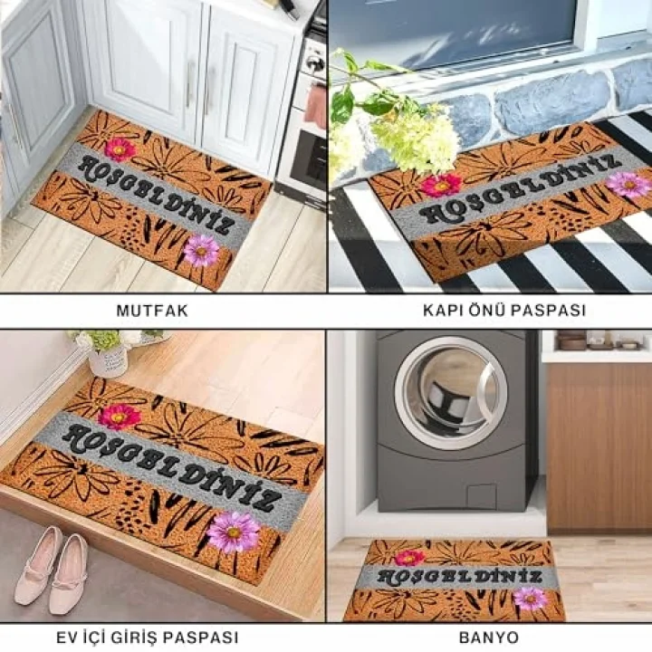 Kapı Önü Paspası - Modern ve Şık Kapı Paspası | Ev, Ofis ve Dış Mekân Kullanımı İçin (Rustic Welcome Bloom) 45x65