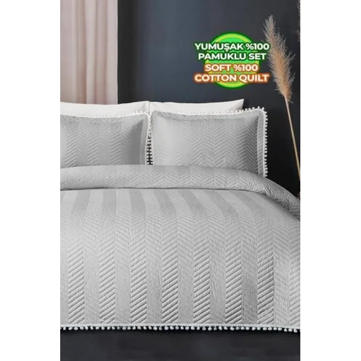 Kapitone Ponponlu Tek Kişilik Yatak Örtüsü Gri