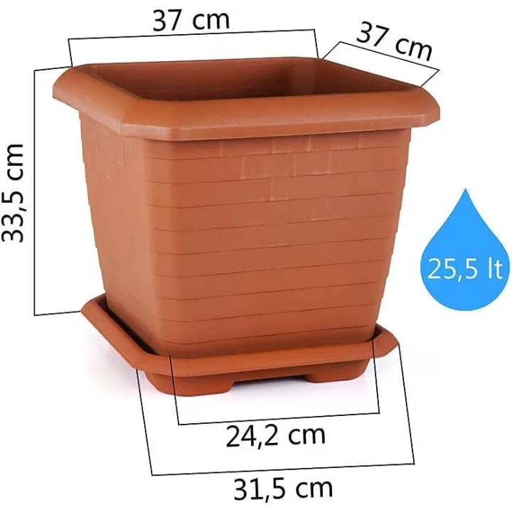 Kare Saksı No:3 Tabaklı 37 cm, 25,5 Litre Antrasit