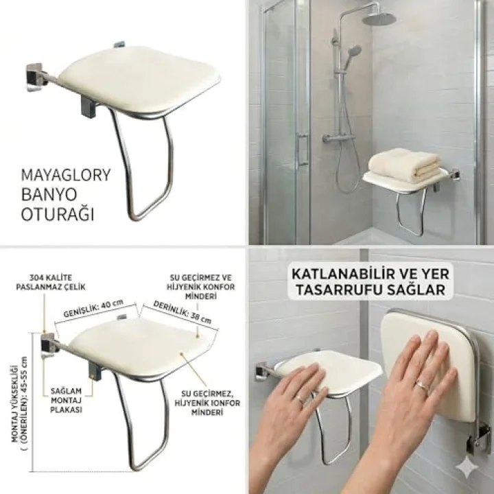 Katlanabilir Engelli Duş Oturağı - 304 Kalite Paslanmaz Çelik, Duvara Monte Yaşlı ve Bedensel Engelli Banyo Taburesi, Duş Oturak