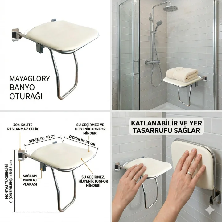 Katlanabilir Engelli Duş Oturağı - 304 Kalite Paslanmaz Çelik, Duvara Monte Yaşlı ve Bedensel Engelli Banyo Taburesi, Duş Oturak