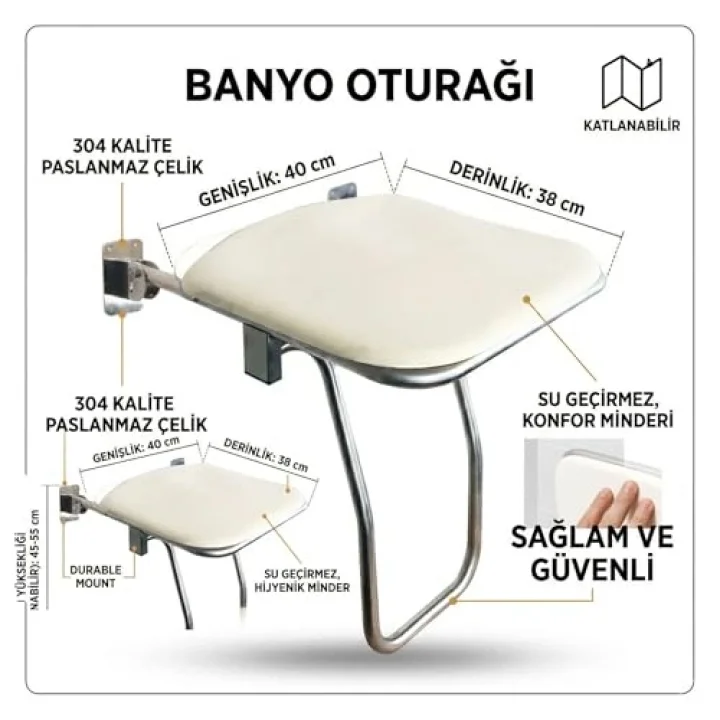 Katlanabilir Engelli Duş Oturağı - 304 Kalite Paslanmaz Çelik, Duvara Monte Yaşlı ve Bedensel Engelli Banyo Taburesi, Duş Oturak