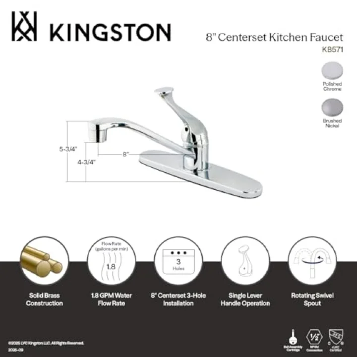 KB571 Chatham Tek Kulplu Mutfak Bataryası Püskürtücüsüz, Parlak Krom, 10 x 7,13 x 2,38