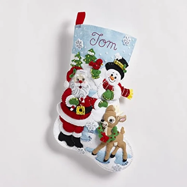 Keçe Aplike Noel Çorabı, Noel Babanın Buluşması, 45,72 cm, Kumaş