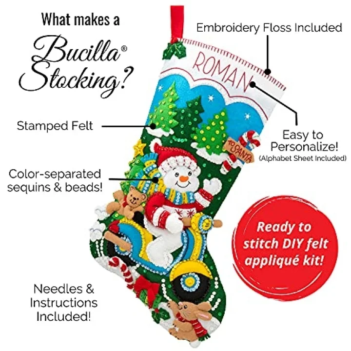 Keçe Aplike Noel Çorabı, Noel Babanın Buluşması, 45,72 cm, Kumaş