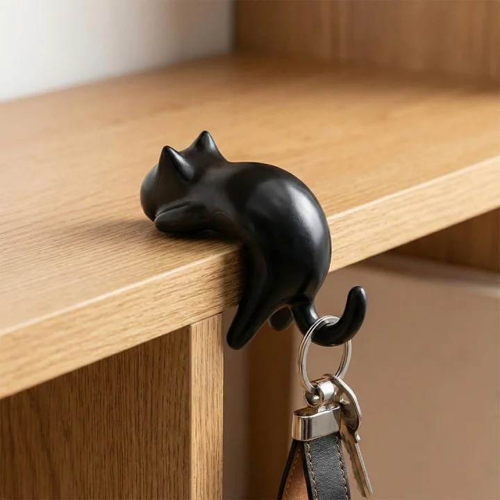 Kedi Figürlü Yapışkanlı Köşe Askılık