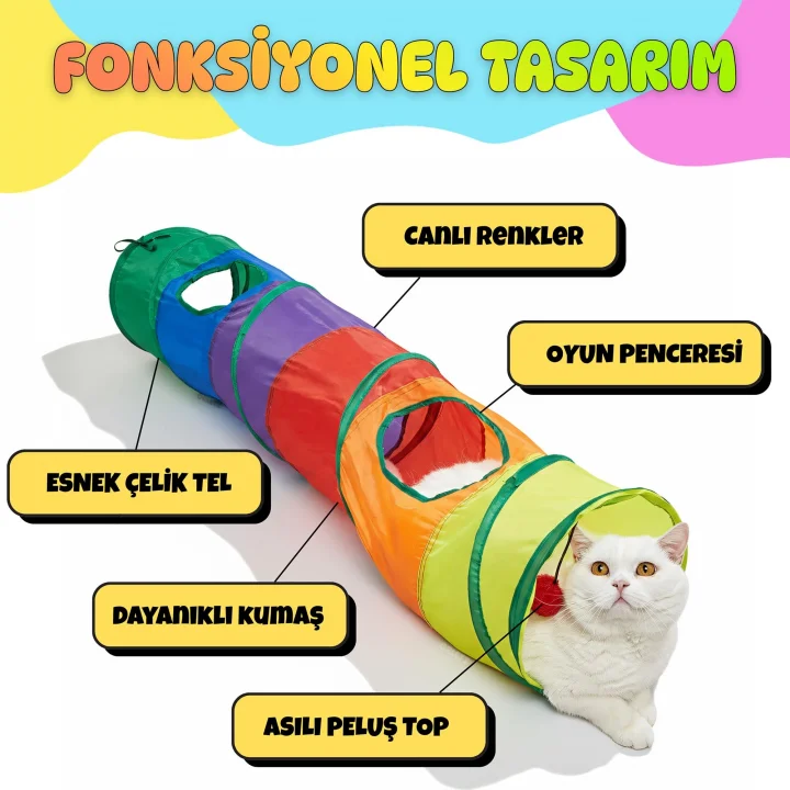 Kedi Köpek Oyun Tüneli - Gökkuşağı Renkli, Katlanabilir, Düz Model - Yırtılmaya Dayanıklı Polyester - İnteraktif, Toplu Oyuncak - İç ve Dış Mekan Kullanıma Uygun