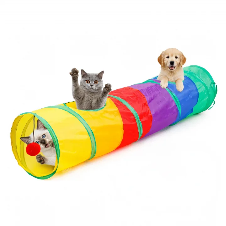 Kedi Köpek Oyun Tüneli - Gökkuşağı Renkli, Katlanabilir, Düz Model - Yırtılmaya Dayanıklı Polyester - İnteraktif, Toplu Oyuncak - İç ve Dış Mekan Kullanıma Uygun