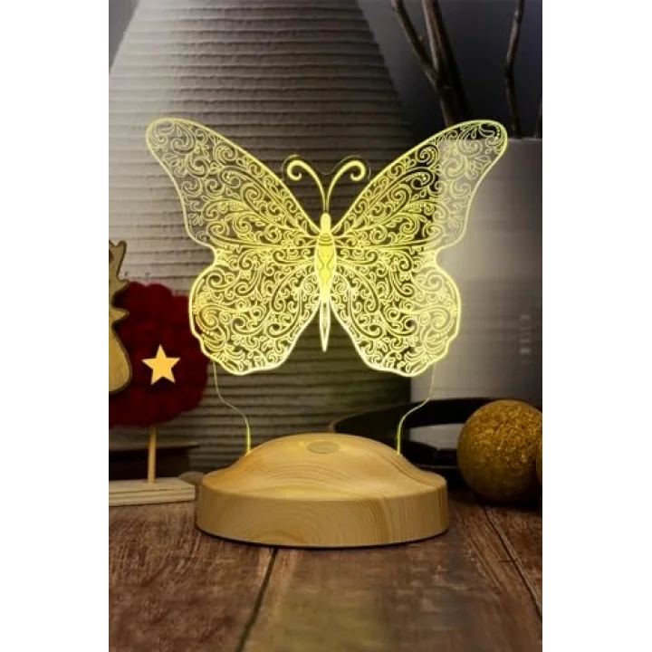 Kelebek Led Lamba, Kelebek Tasarımlı 3D Gece Lambası, Kelebek Desenli LED Masa Lambası