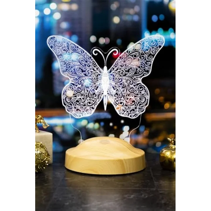 Kelebek Led Lamba, Kelebek Tasarımlı 3D Gece Lambası, Kelebek Desenli LED Masa Lambası