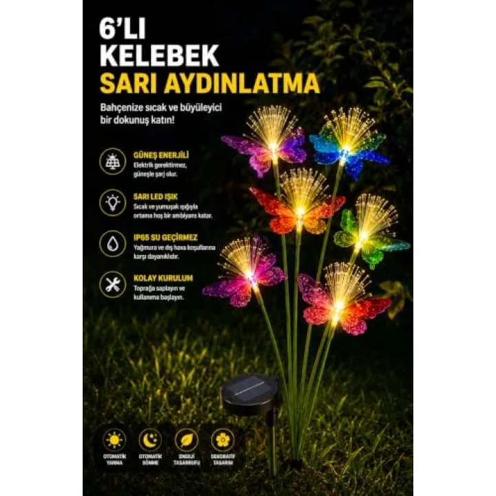 Kelebek Motifli Solar Bahçe Aydınlatma 6lı Sarı Işık 1 Adet