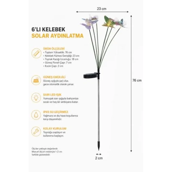 Kelebek Motifli Solar Bahçe Aydınlatma 6lı Sarı Işık 1 Adet