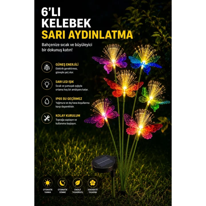 Kelebek Motifli Solar Bahçe Aydınlatma 6lı Sarı Işık 1 Adet