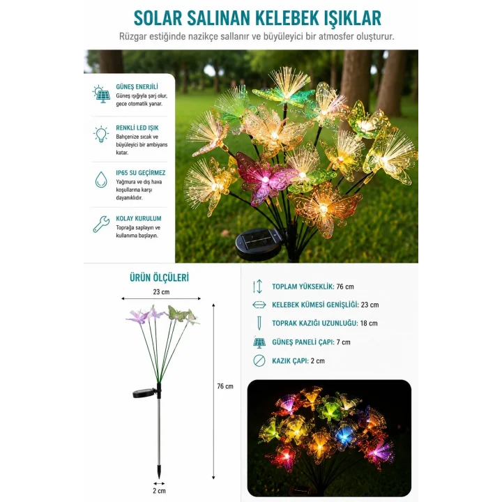 Kelebek Motifli Solar Bahçe Aydınlatma 6lı Sarı Işık 1 Adet