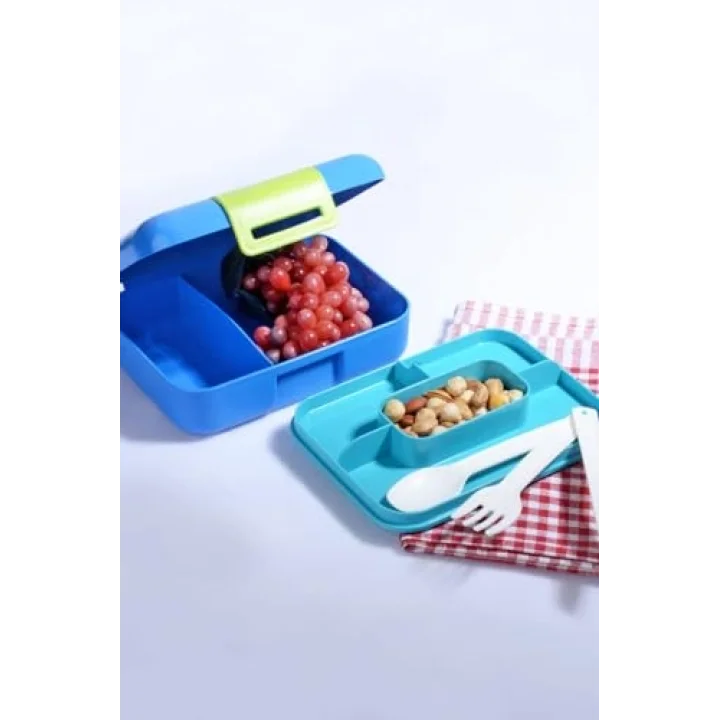 Kendinden Kaşık ve Çatallı 5 Bölmeli 2 Katlı Beslenme Kutusu (MAVİ)