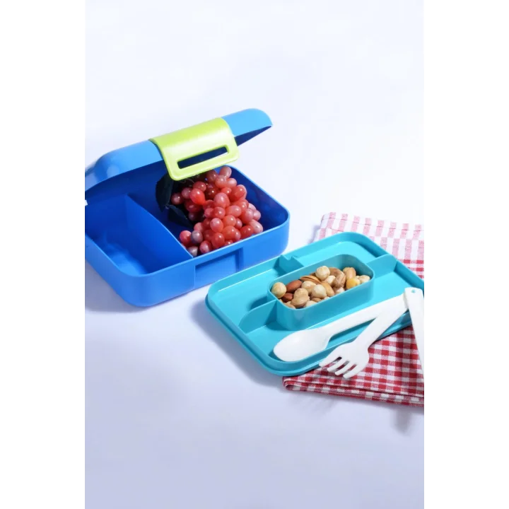 Kendinden Kaşık ve Çatallı 5 Bölmeli 2 Katlı Beslenme Kutusu (MAVİ)