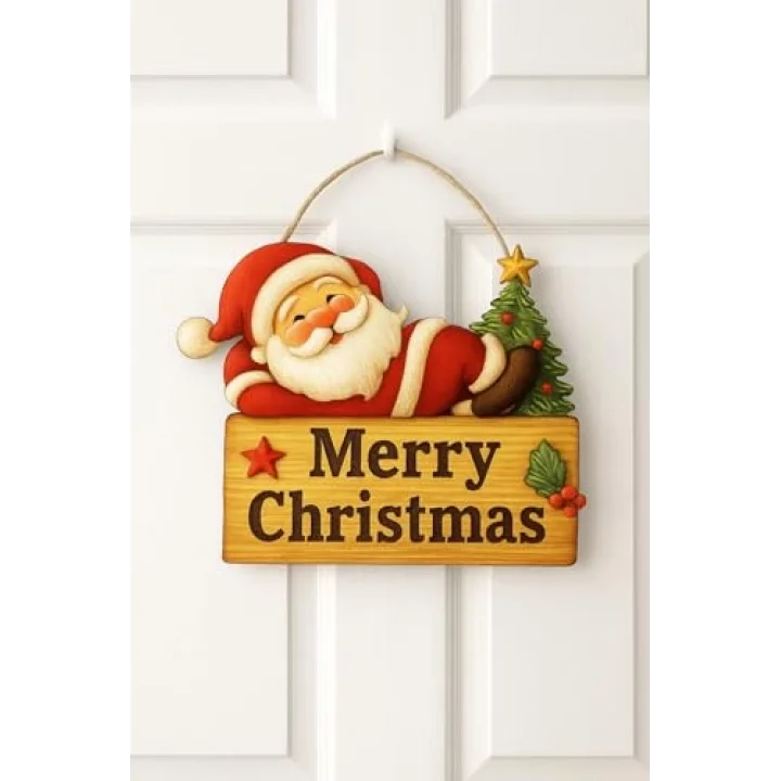 Keyifli Noel Baba Yılbaşı Ahşap Kapı Süsü Noel Kapı Süsü, Yılbaşı Süsü Yılbaşı Temalı Hediyeler (25-20 cm)