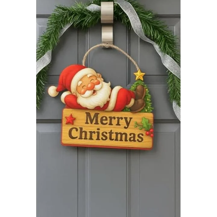Keyifli Noel Baba Yılbaşı Ahşap Kapı Süsü Noel Kapı Süsü, Yılbaşı Süsü Yılbaşı Temalı Hediyeler (25-20 cm)
