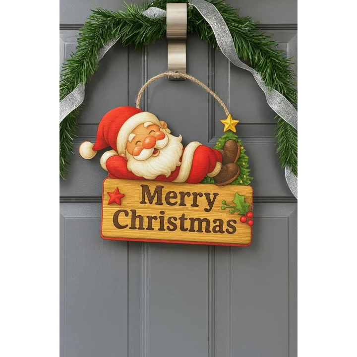 Keyifli Noel Baba Yılbaşı Ahşap Kapı Süsü Noel Kapı Süsü, Yılbaşı Süsü Yılbaşı Temalı Hediyeler (25-20 cm)