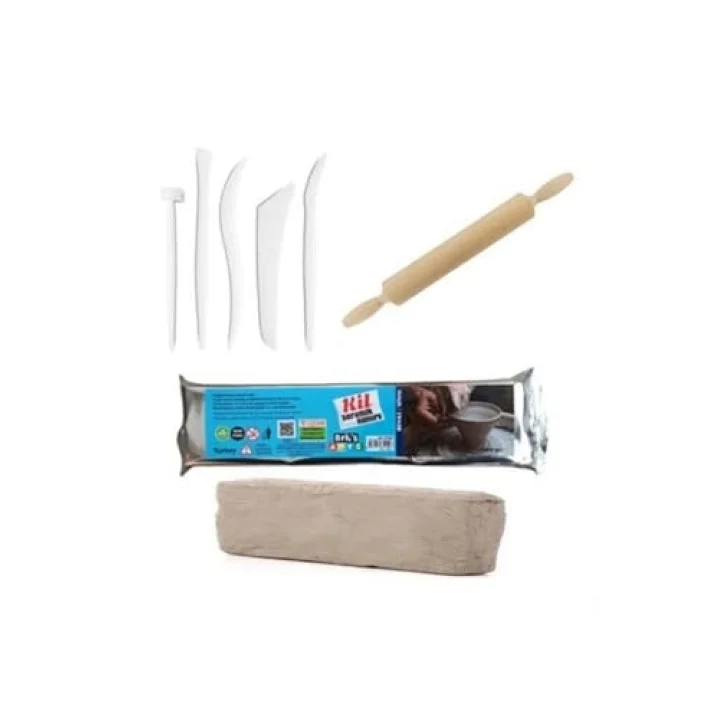 Kil Hamuru Set-1, Seramik Hamuru Başlangıç Seti, Ebeşuar, Merdane, 1 Kg Beyaz Kil