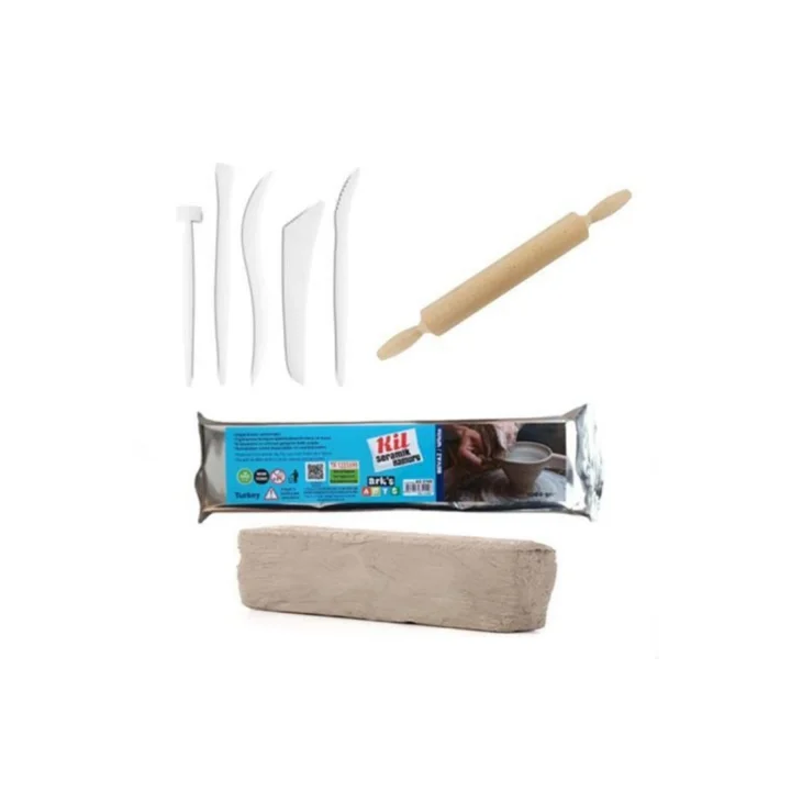 Kil Hamuru Set-1, Seramik Hamuru Başlangıç Seti, Ebeşuar, Merdane, 1 Kg Beyaz Kil