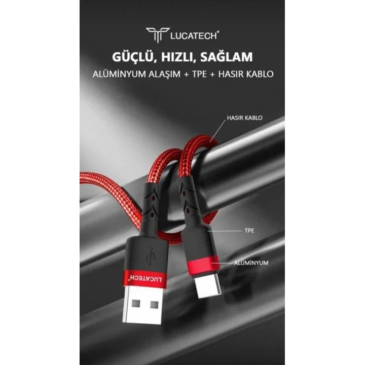 Kırmızı Type-C Örgülü Kırılmaz Şarj Kablosu