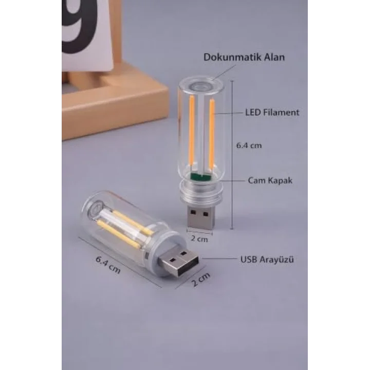 Kırmızı USB LED Gece Lambası, Cam Tüp, Dokunmatik, Mini Taşınabilir, Dim Edilebilir