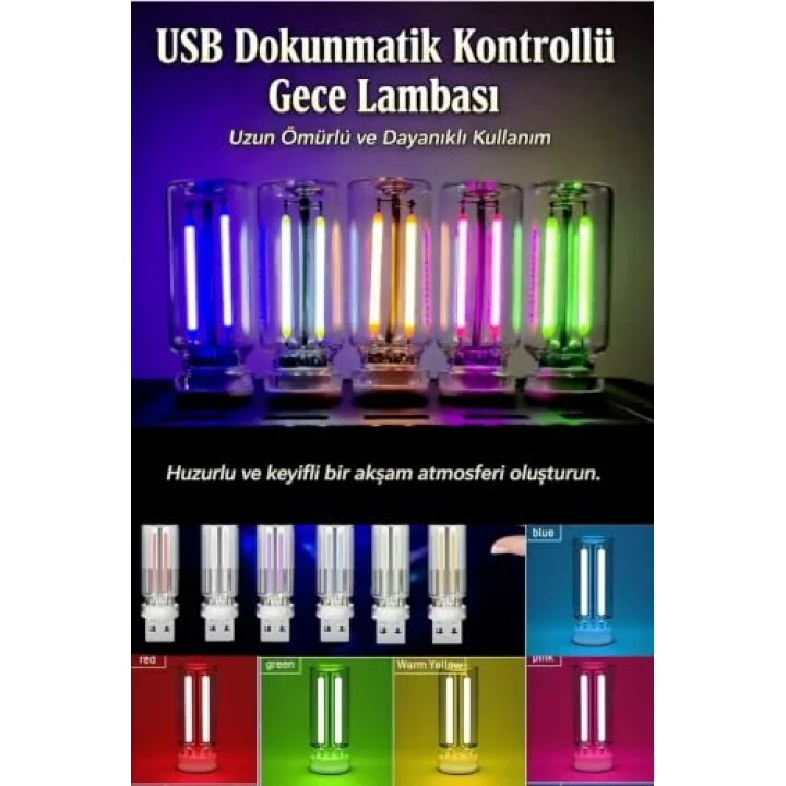 Kırmızı USB LED Gece Lambası, Cam Tüp, Dokunmatik, Mini Taşınabilir, Dim Edilebilir