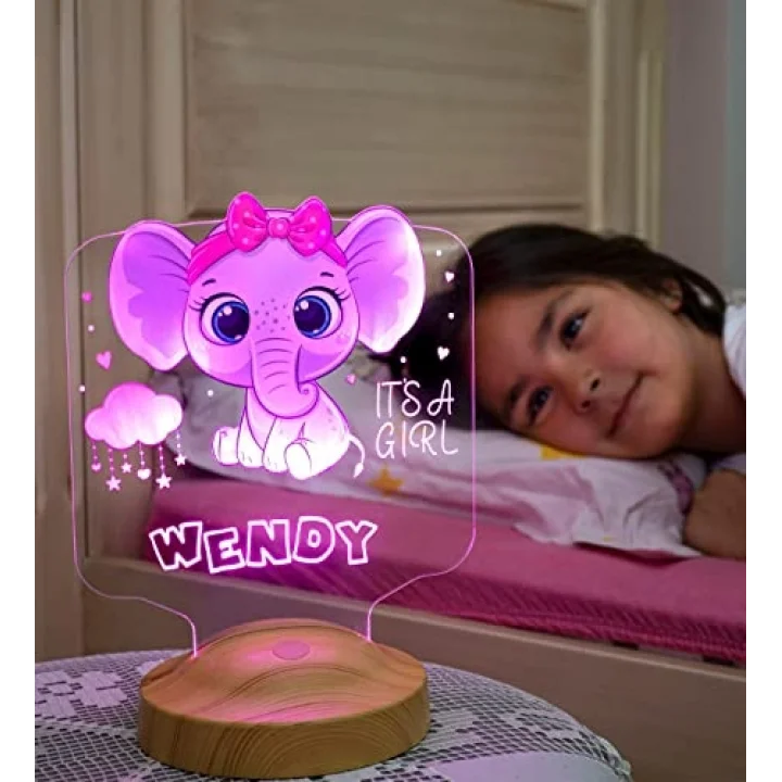 Kız Çocuğa Hediye Fil Figürlü Hediyelik Kişiye Özel Tatlı Fil 3d Led Lamba