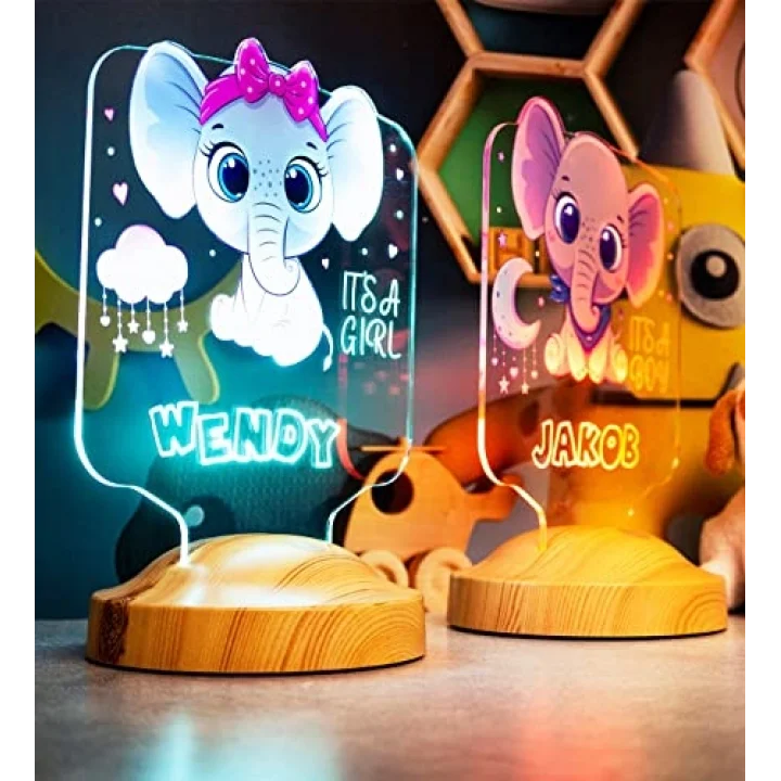 Kız Çocuğa Hediye Fil Figürlü Hediyelik Kişiye Özel Tatlı Fil 3d Led Lamba