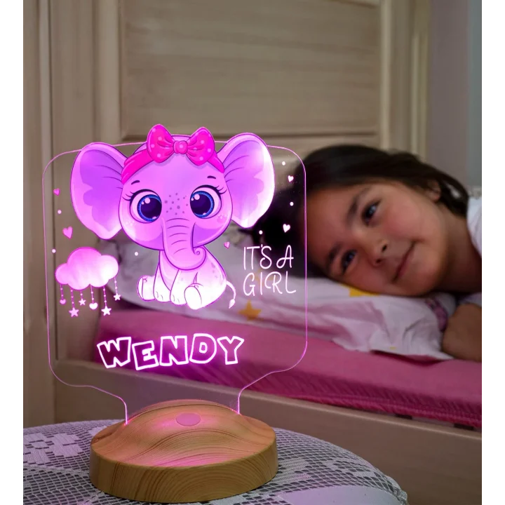 Kız Çocuğa Hediye Fil Figürlü Hediyelik Kişiye Özel Tatlı Fil 3d Led Lamba
