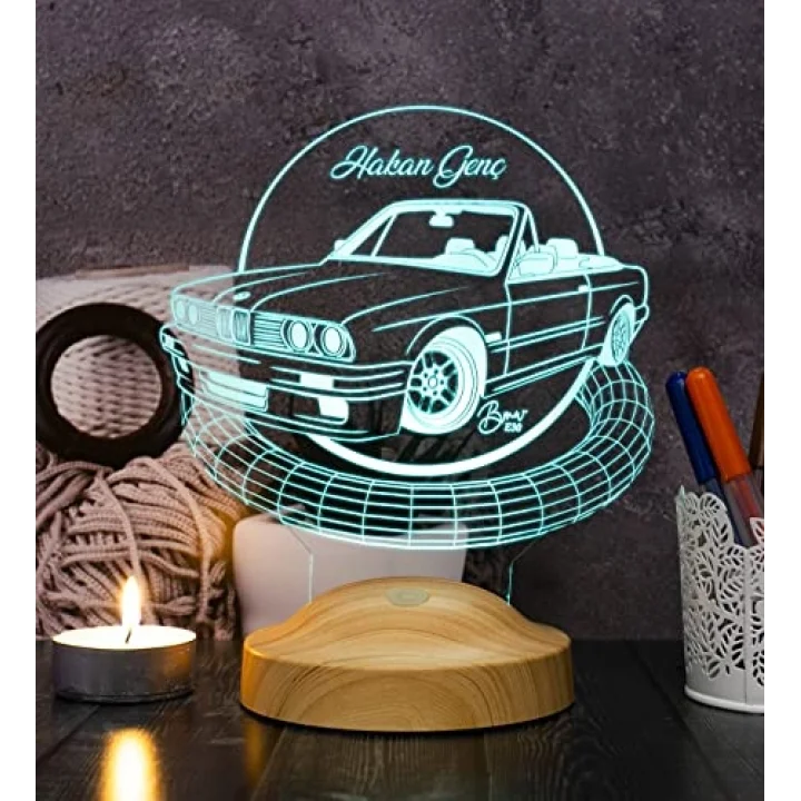 Klasik Bmw E30 cabrio, Bmw Logolu Hediye 3D Led Lamba, Bmw Hayranına Hediye